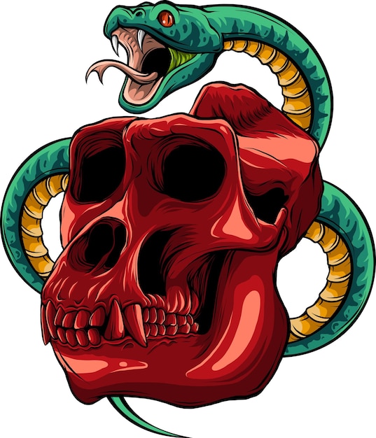 illustration of monkey skull with snake around