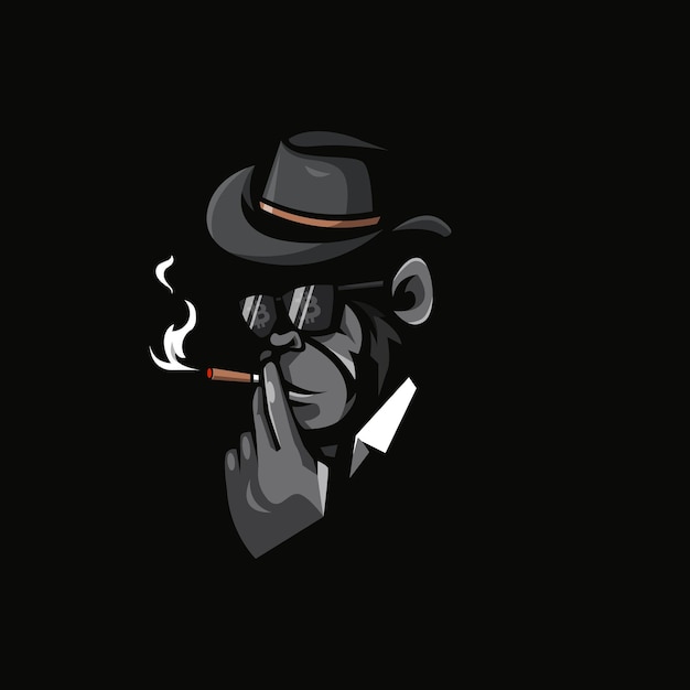 Illustration of monkey smoking wearing cowboy hat with glasses and bitcoin reflection