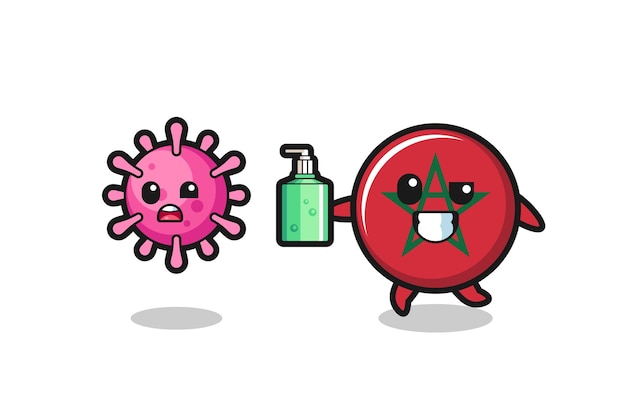 Illustration of morocco flag character chasing evil virus with hand sanitizer