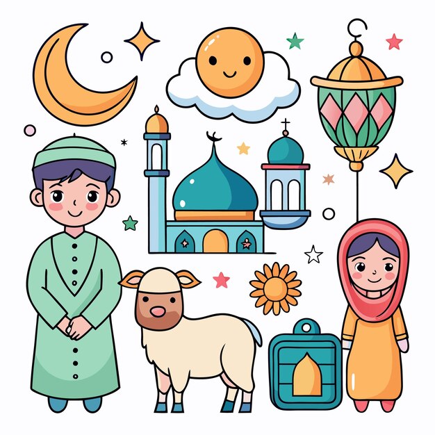 Vector illustration of a mosque a crescent moon a smiling sun a man and a woman in islamic clothing a lamb and a lantern