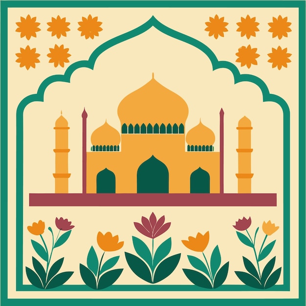 An illustration of a mosque with flowers and plants