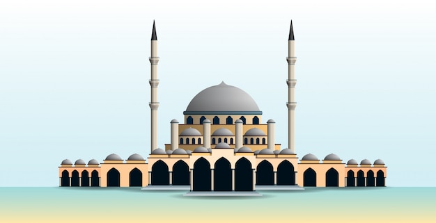 Illustration of mosque with many domes and minarets