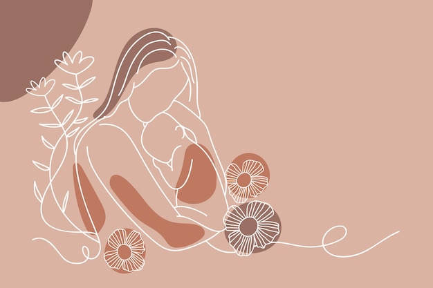 Illustration of mother breastfeeding her baby Line Art Vector Pastel Color