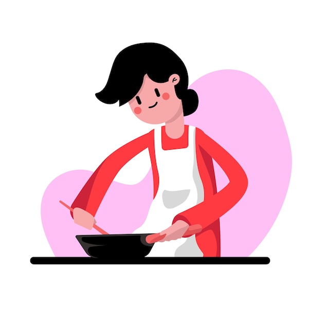 Illustration of a mother cooking for her family with a smile and warm affection