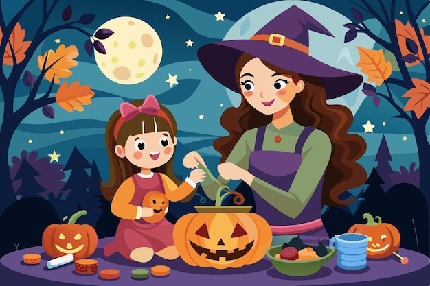 Illustration of a mother and daughter carving pumpkins for Halloween Concept of family Halloween pumpkin carving and festive fun Graphic art print Postcard