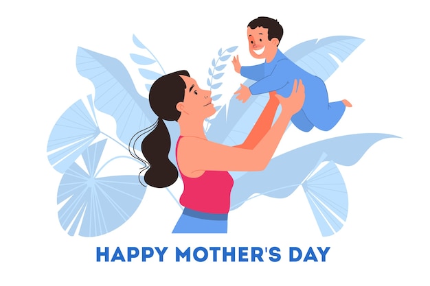 Illustration for Mother day. Happy mom hold a baby, enjoy motherhood.