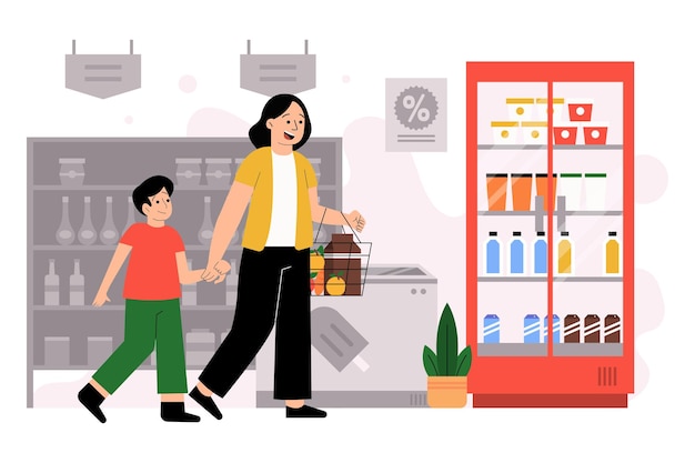 Illustration Mother and Son Grocery