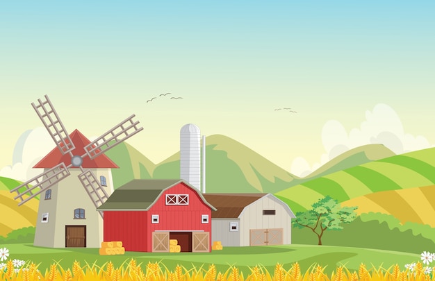 illustration of Mountain countryside farm barn with windmill