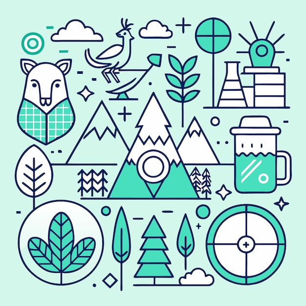 Vector illustration of a mountain range with a deer clouds trees and a cup of tea