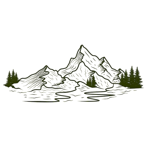 illustration of Mountain with pine trees on white background hand drawn mountain peaks and nature