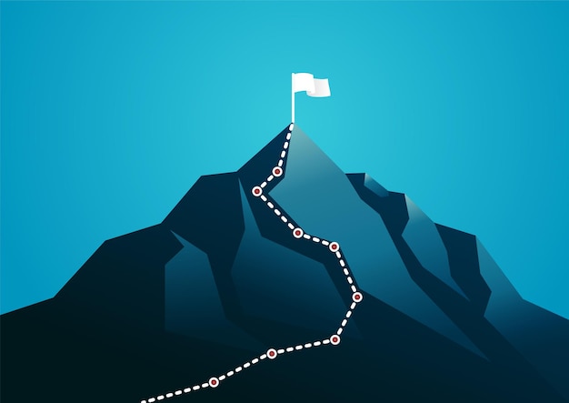  illustration of a mountain with white path graphic. describe business journey, planning, and target. 