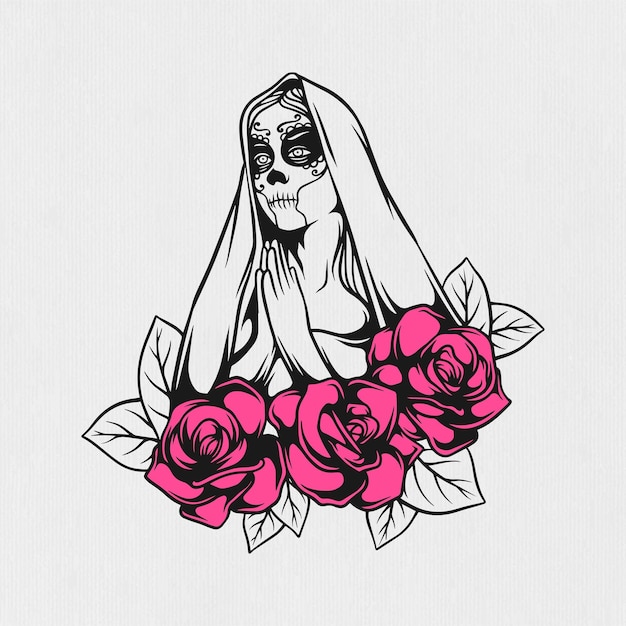 Illustration of Muertos girl and flowers about dia de los muertos