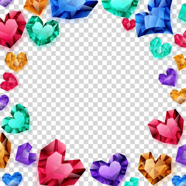 Vector illustration of multicolored hearts made of crystals witn shadows on transparent background