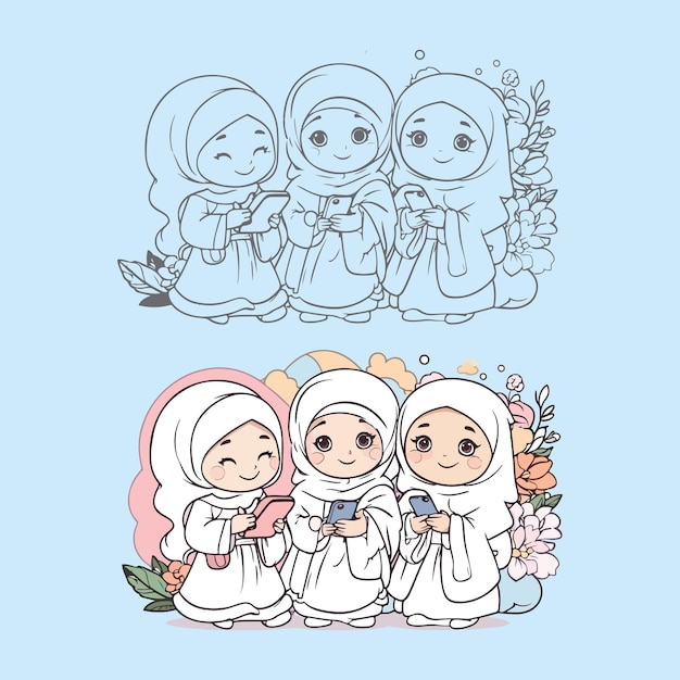 illustration of a Muslim girl carrying a smart phone