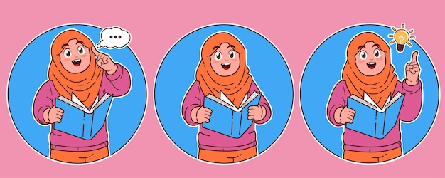 illustration of a Muslim hijab child reading a book