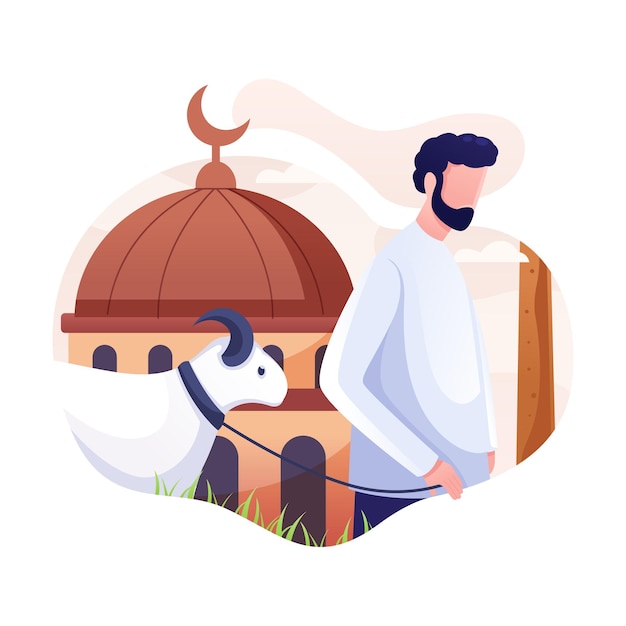 illustration of a Muslim man and beside him there is a goat or sheep for sacrifice ,Eid al-Adha