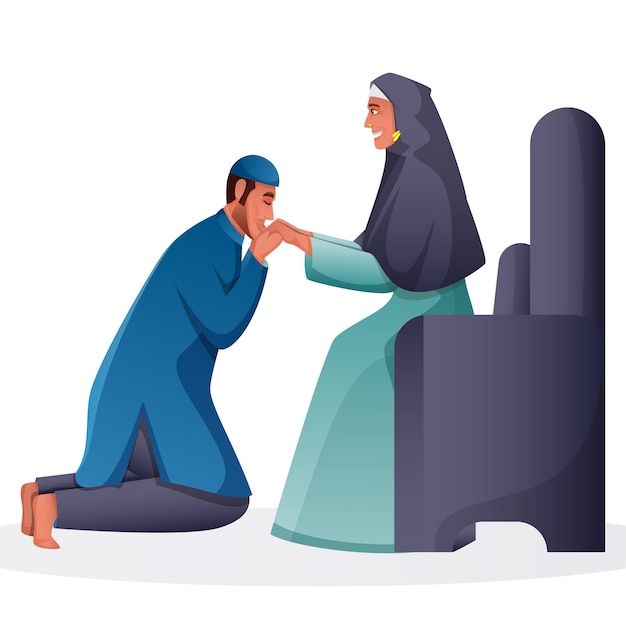 Illustration Of Muslim Man Kissing His Mother Hand At Sofa