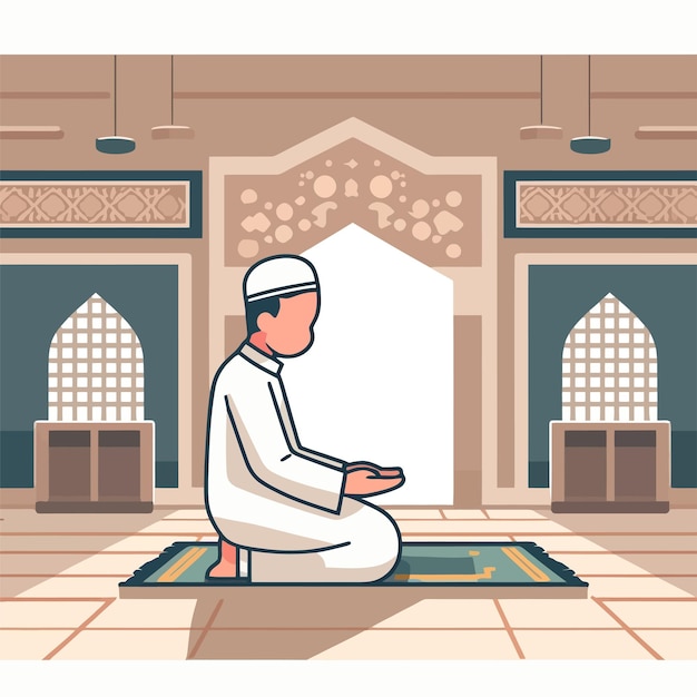 illustration of a Muslim man praying inside a mosque