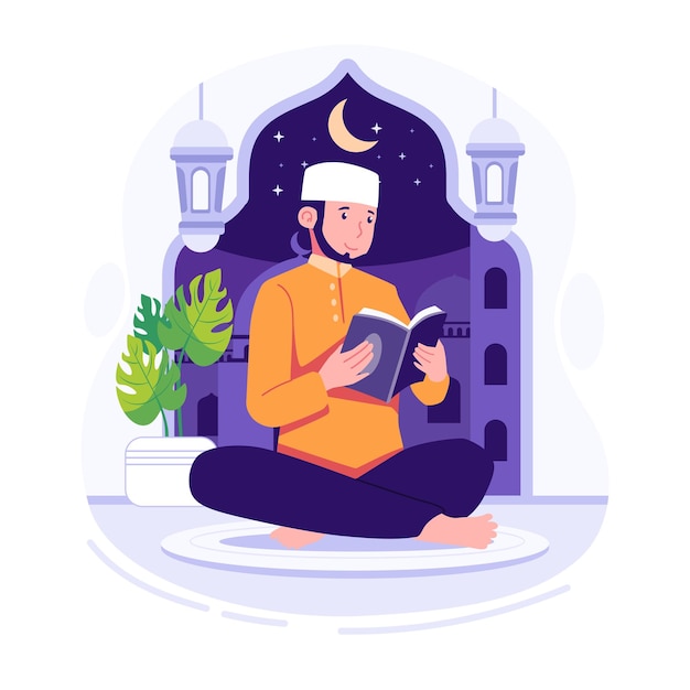 Illustration of a muslim man reading a book