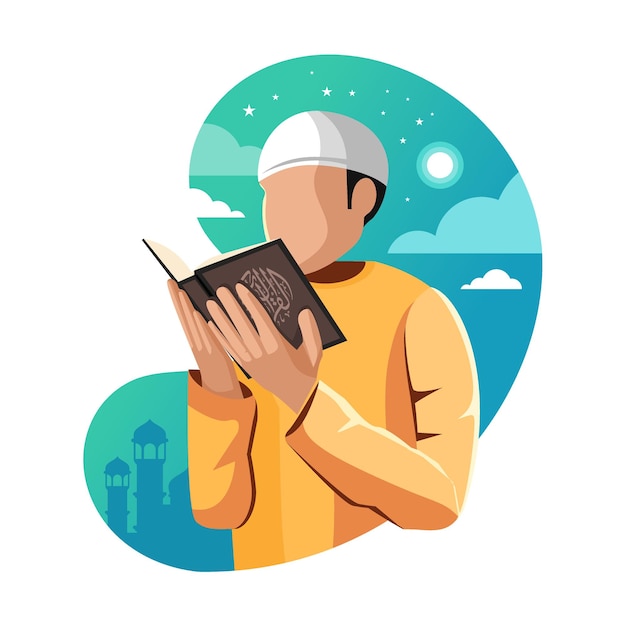 Vector illustration of muslim reading the quran in the month of ramadan