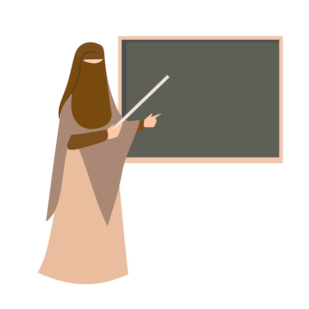 Vector illustration of a muslim teacher wearing a hijab teaching while pointing at the blackboard