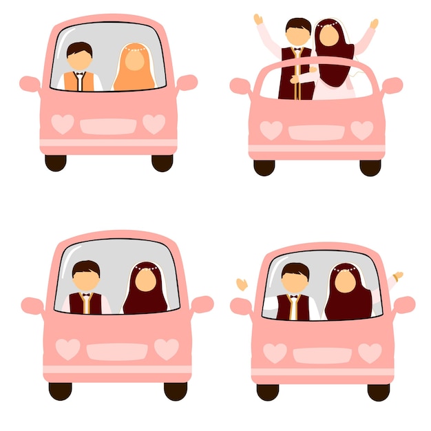 Illustration of a muslim wedding couple using a car