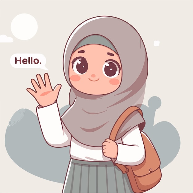 Vector illustration of a muslim woman saying hello with a simple and minimalist flat design style