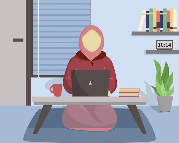 Illustration of Muslim woman working on laptop at home