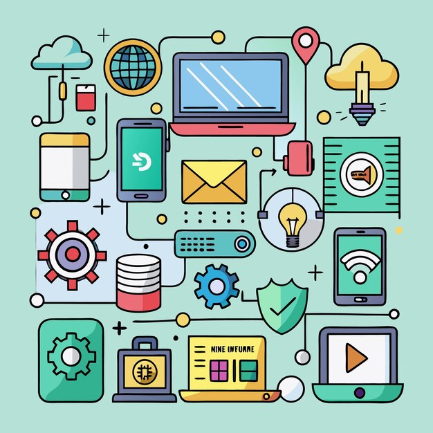 Vector illustration of a network of connected devices icons and symbols representing the internet and technology