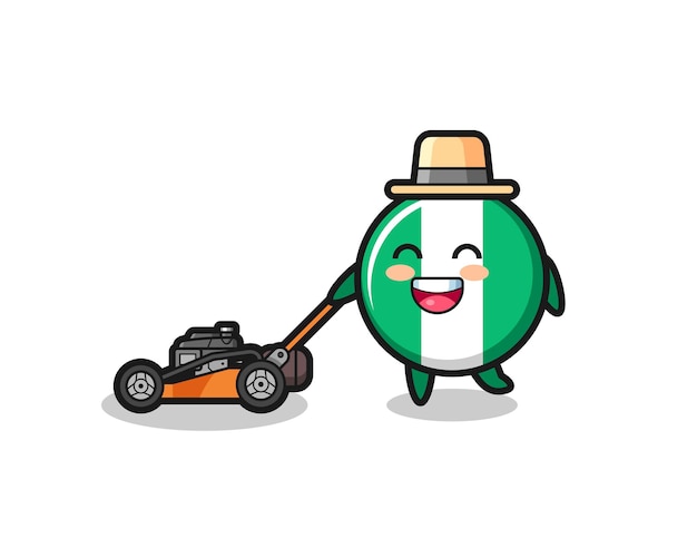 Illustration of the nigeria flag badge character using lawn mower , cute style design for t shirt, sticker, logo element