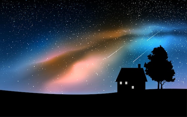 Illustration of night landscape with house and milky way