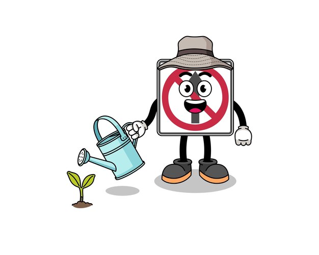 Illustration of no thru movement road sign cartoon watering the plant