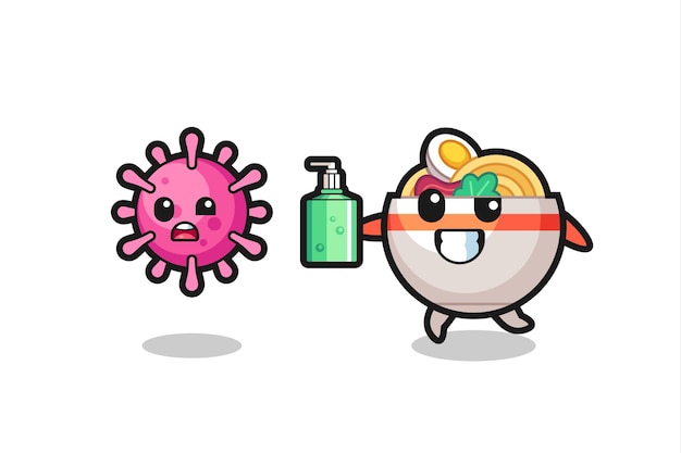 Illustration of noodle bowl character chasing evil virus with hand sanitizer