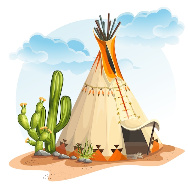 Illustration of the North American Indian tipi home with cactus and stones