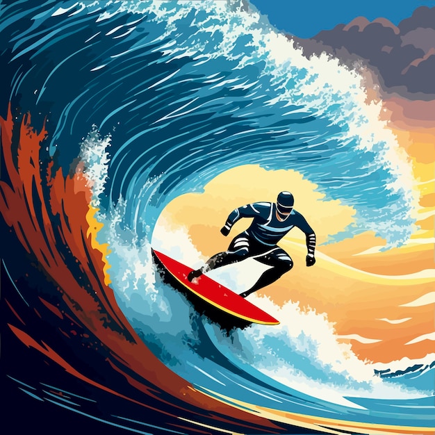 Illustration ocean man surfing big waves day