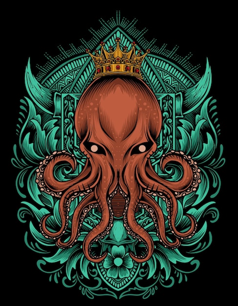 illustration octopus king with engraving ornament