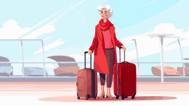 Vector an illustration of an old lady with a suitcase and a sky background