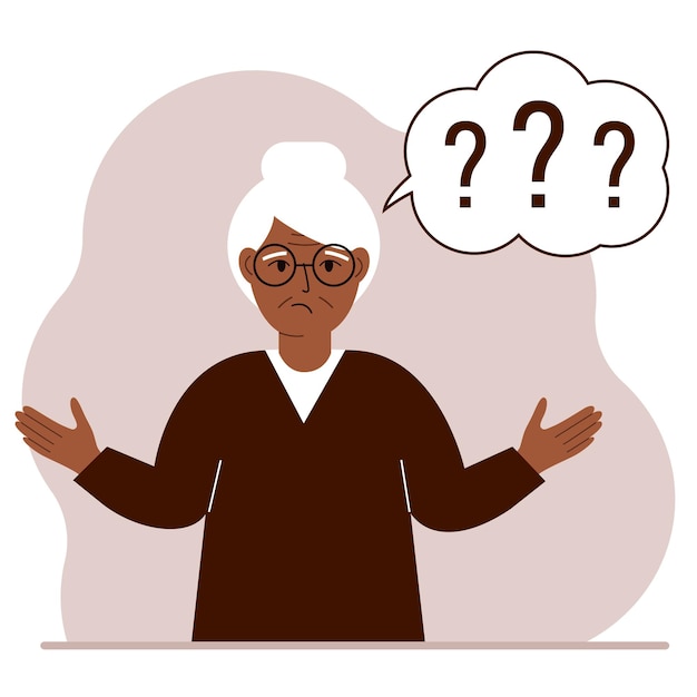 Illustration of a old woman who is confused, questioning. Want to find answers. People around the question mark. Grandfather expressions are in a daze and need help. Vector flat illustration