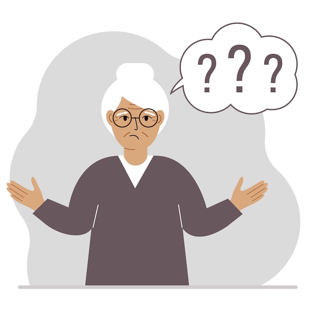 Illustration of a old woman who is confused, questioning. Want to find answers. People around the question mark. Grandmother expressions are in a daze and need help. Vector flat illustration