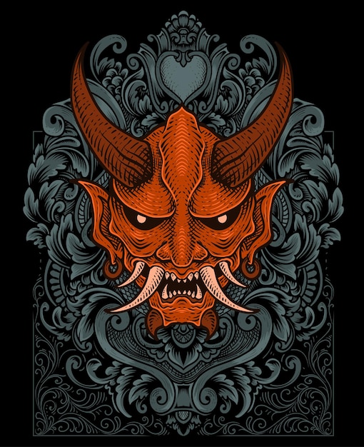 Illustration oni mask with engraving ornament