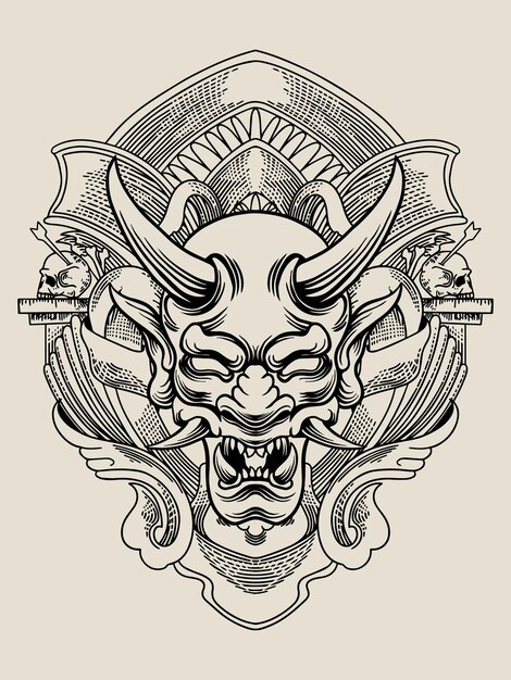 Vector illustration oni mask with engraving ornament