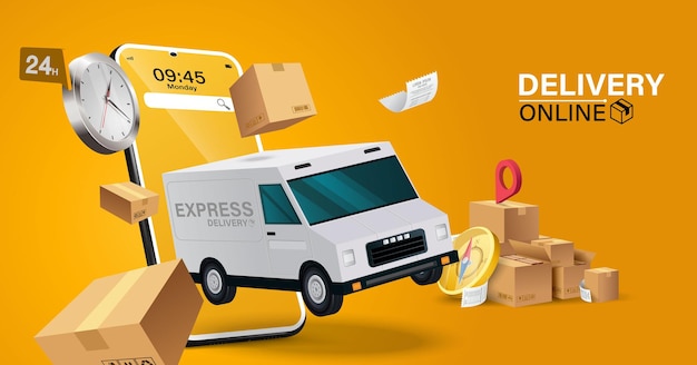 Illustration of online delivery service via mobile application Online Order Tracking Home