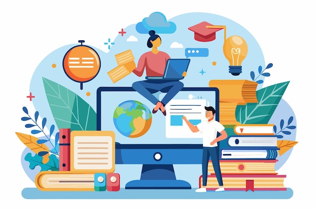 Vector illustration of online learning one student on a laptop with a cloud above the other by a desktop computer with a globe and document on the screen