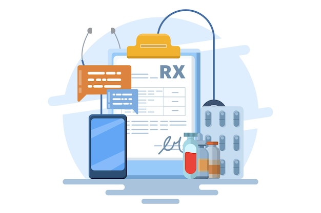 Vector illustration online prescription concept or prescription management system or online pharmacy