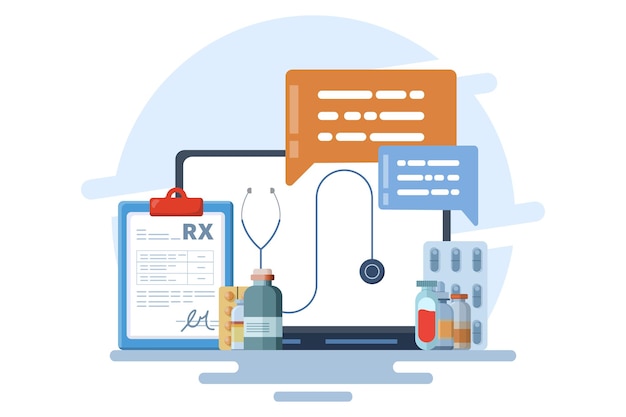 Vector illustration online prescription concept or prescription management system or online pharmacy