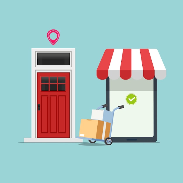 Illustration of online shop concept design with smartphone trolley and front door Delivery goods from online shop