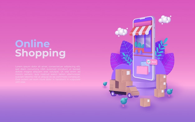 Illustration of online shopping concept on mobile phone.