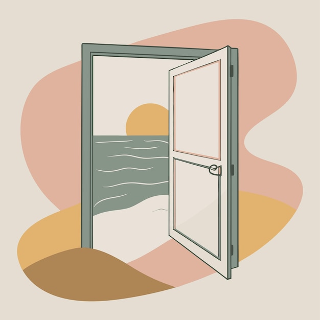 Vector an illustration of an open door with the sun shining on it