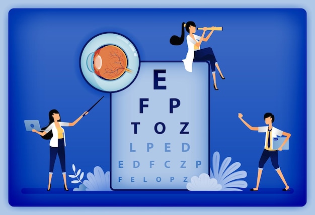 illustration of ophthalmologist explains damaged part of retina using eye anatomy and snellen