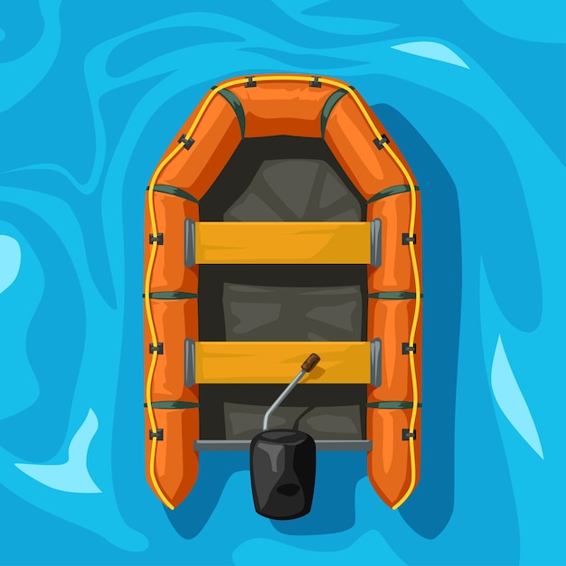 Illustration of orange inflatable boat on blue water view from top